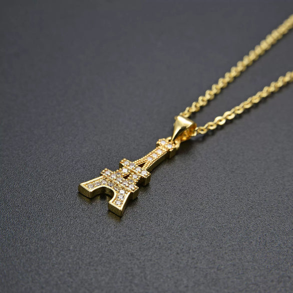 Women's Electroplated Copper Iron Tower Pendant Necklace With Cz Accent And Cross Chain Design