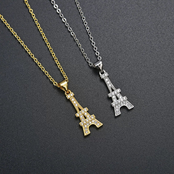 Women's Electroplated Copper Iron Tower Pendant Necklace With Cz Accent And Cross Chain Design