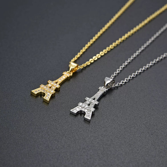 Women's Electroplated Copper Iron Tower Pendant Necklace With Cz Accent And Cross Chain Design