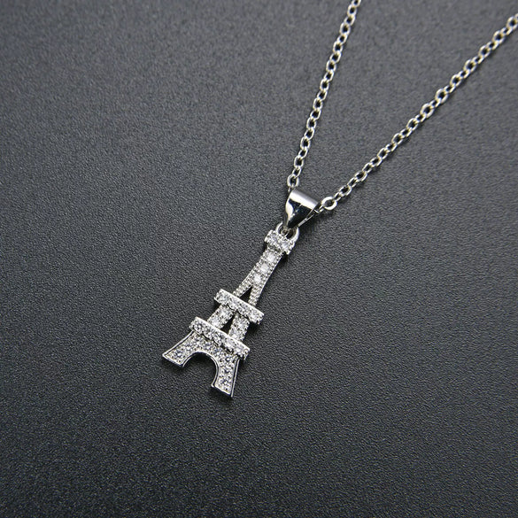 Women's Electroplated Copper Iron Tower Pendant Necklace With Cz Accent And Cross Chain Design
