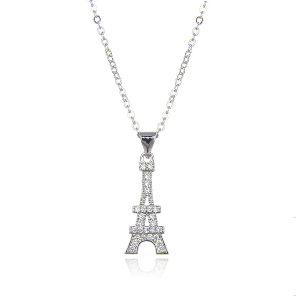 Women's Electroplated Copper Iron Tower Pendant Necklace With Cz Accent And Cross Chain Design