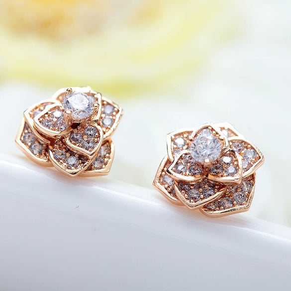Women's Electroplated Copper Tulip Flower Earrings With Zircon Details And Steel Posts Fashion Floral Ear Jewelry