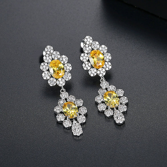 Women's Electroplated Copper Zircon Flower Earrings With Geometric Inlay Fashion Jewelry
