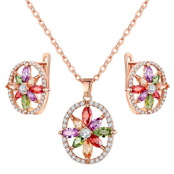 Women's Electroplated Copper Zircon Jewelry Set With Necklace And Earrings Micro Inlaid Full Diamond Style Bridal Two Piece Set