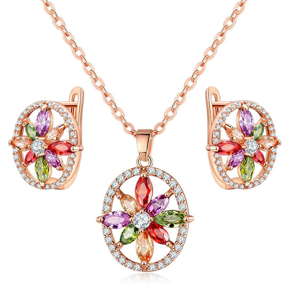 Women's Electroplated Copper Zircon Jewelry Set With Necklace And Earrings Micro Inlaid Full Diamond Style Bridal Two Piece Set