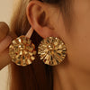 Women's Electroplated Iron Flower And Leaf Cutout Earrings With Geometric Fanshaped Design And Stainless Steel Ear Posts Retro Statement Jewelry