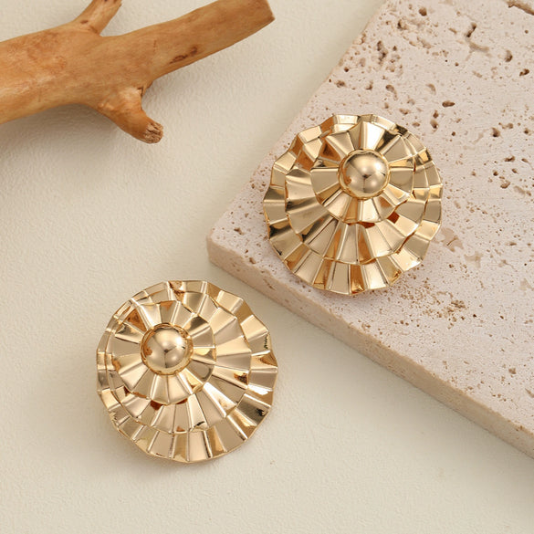 Women's Electroplated Iron Flower And Leaf Cutout Earrings With Geometric Fanshaped Design And Stainless Steel Ear Posts Retro Statement Jewelry
