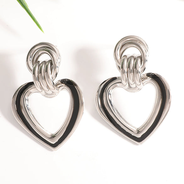 Women’s Electroplated Iron Geometric Double Heart Drop Earrings With Hollow Design And Stainless Steel Ear Posts