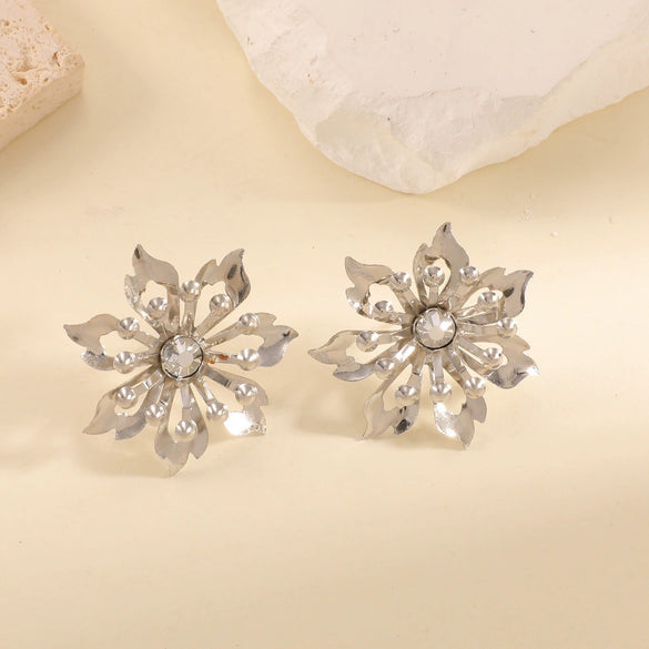 Women's Electroplated Metal Flower Earrings With Chrysanthemum Petal Design Exaggerated Retro Statement Style And Stainless Steel Ear Posts