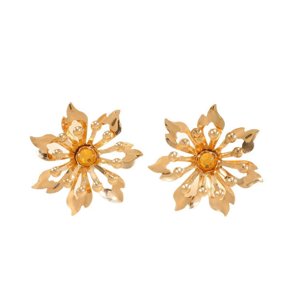 Women's Electroplated Metal Flower Earrings With Chrysanthemum Petal Design Exaggerated Retro Statement Style And Stainless Steel Ear Posts