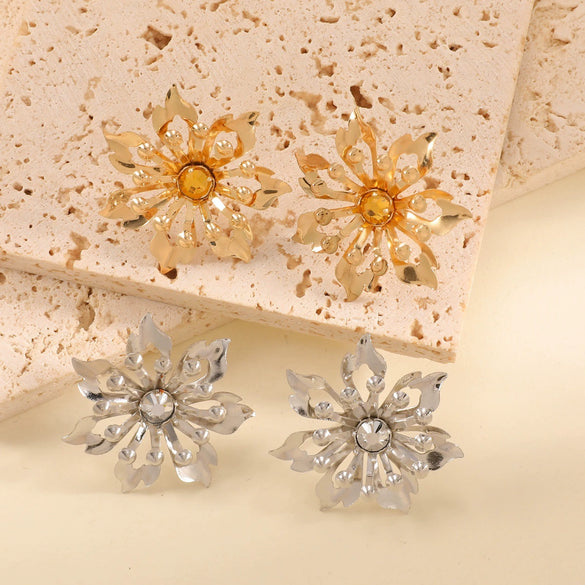 Women's Electroplated Metal Flower Earrings With Chrysanthemum Petal Design Exaggerated Retro Statement Style And Stainless Steel Ear Posts
