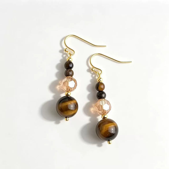 Women's Electroplated Metal Geometric Beaded Earrings With Glass Crystal And Tiger Eye Stone Accents
