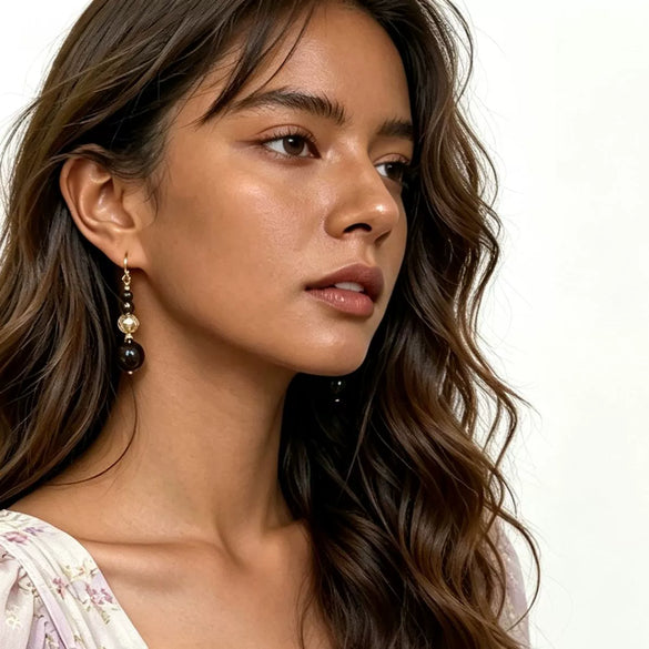 Women's Electroplated Metal Geometric Beaded Earrings With Glass Crystal And Tiger Eye Stone Accents