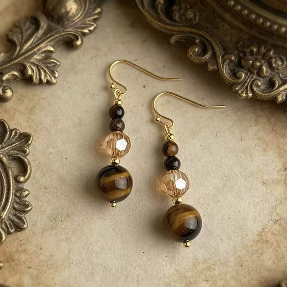 Women's Electroplated Metal Geometric Beaded Earrings With Glass Crystal And Tiger Eye Stone Accents