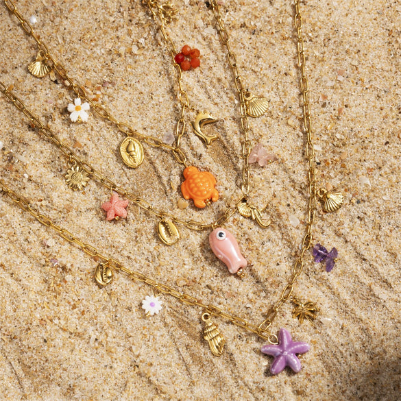 Women's Electroplated Stainless Steel And Titanium Steel Necklace With Turtle And Fish Ceramic Pendant