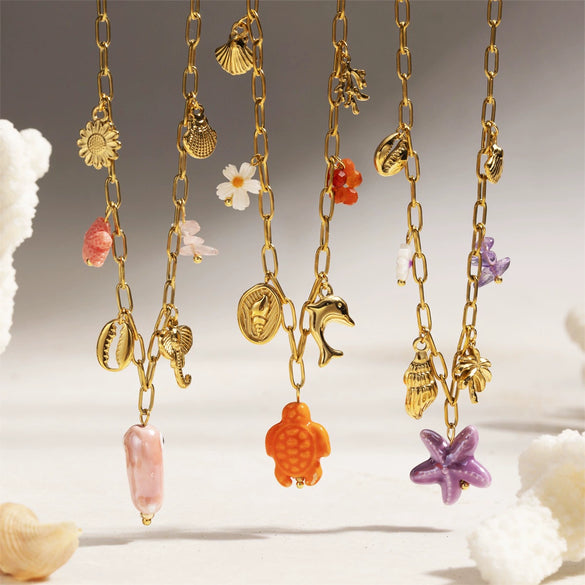 Women's Electroplated Stainless Steel And Titanium Steel Necklace With Turtle And Fish Ceramic Pendant