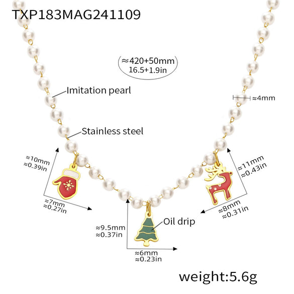 Women's Electroplated Stainless Steel Deer Bead Necklace And Bracelet Set With Imitation Pearls Cute Cartoon Jewelry Gift