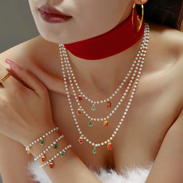 Women's Electroplated Stainless Steel Deer Bead Necklace And Bracelet Set With Imitation Pearls Cute Cartoon Jewelry Gift