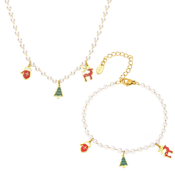 Women's Electroplated Stainless Steel Deer Bead Necklace And Bracelet Set With Imitation Pearls Cute Cartoon Jewelry Gift