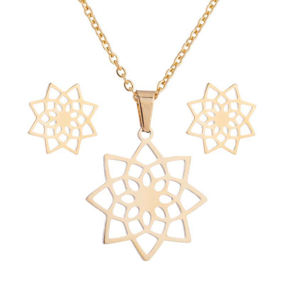 Women's Electroplated Stainless Steel Flower Earrings And Necklace Jewelry Set Wholesale