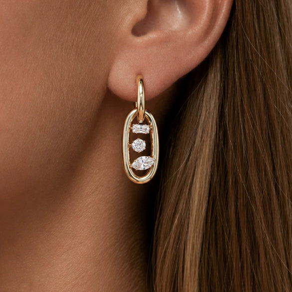 Women's Electroplated Stainless Steel Geometric Teardrop Double Hoop Clipon Earrings With Zircon Accents