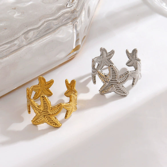Women's Electroplated Stainless Steel Open Ring With Starfish Shape Vintage Irregular Texture Minimalist Style
