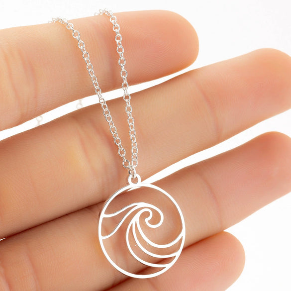 Women's Electroplated Stainless Steel Wave Pendant Necklace With Geometric O Chain Natural Casual Jewelry Accessory