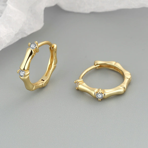 Women's Electroplated 925 Sterling Silver Geometric Bamboo Shaped Hoop Earrings With Ear Buckle