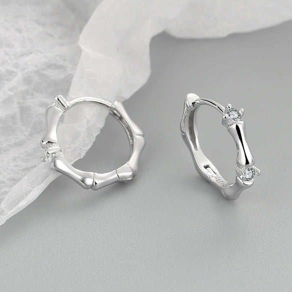 Women's Electroplated 925 Sterling Silver Geometric Bamboo Shaped Hoop Earrings With Ear Buckle