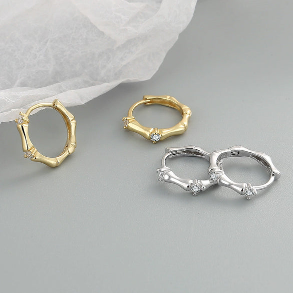 Women's Electroplated 925 Sterling Silver Geometric Bamboo Shaped Hoop Earrings With Ear Buckle