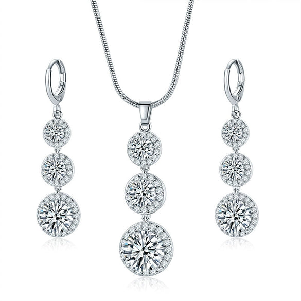 Women's Electroplated Zircon Drop Shape Necklace And Earrings Jewelry Set With Snake Bone Chain Water Drop Design