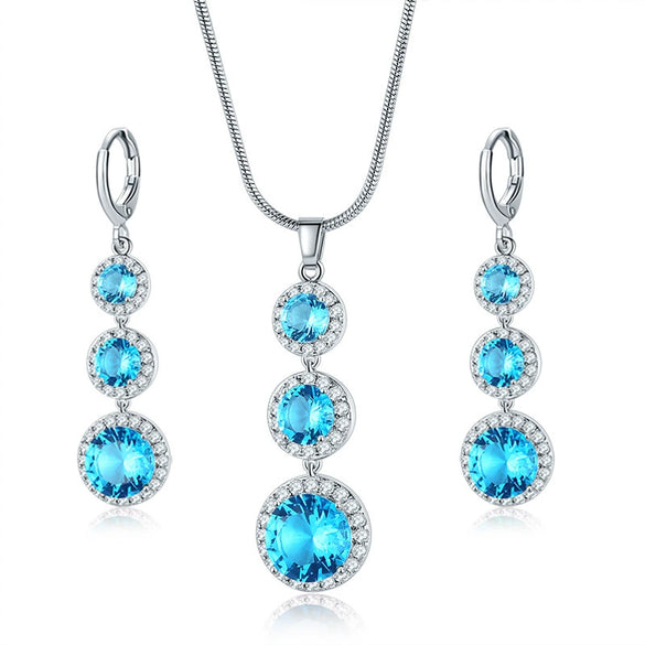 Women's Electroplated Zircon Drop Shape Necklace And Earrings Jewelry Set With Snake Bone Chain Water Drop Design