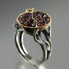 Women's Elegant Black Gold Plated Metal Ring With Garnet Tree Vine Fruit Pattern Fashion Hand Jewelry