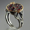 Women's Elegant Black Gold Plated Metal Ring With Garnet Tree Vine Fruit Pattern Fashion Hand Jewelry