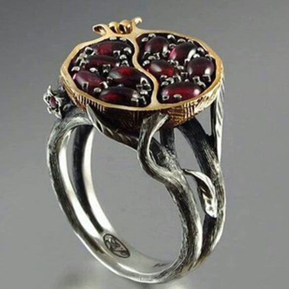Women's Elegant Black Gold Plated Metal Ring With Garnet Tree Vine Fruit Pattern Fashion Hand Jewelry
