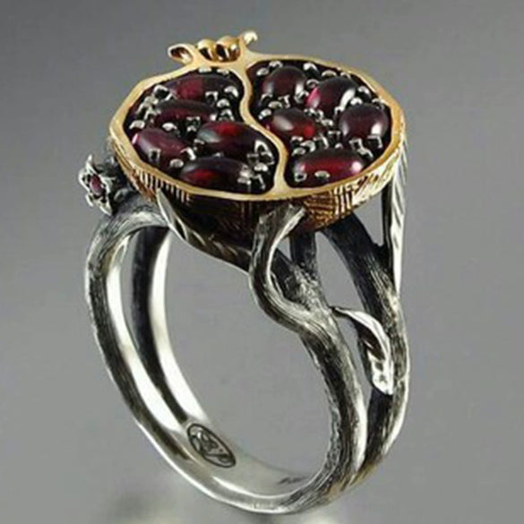 Women's Elegant Black Gold Plated Metal Ring With Garnet Tree Vine Fruit Pattern Fashion Hand Jewelry