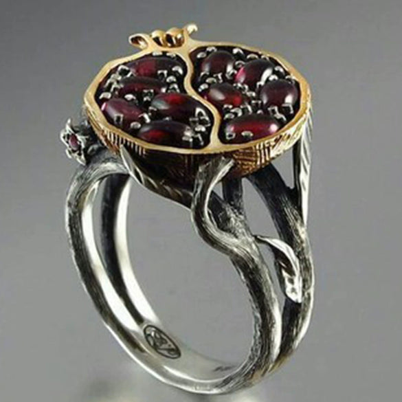 Women's Elegant Black Gold Plated Metal Ring With Garnet Tree Vine Fruit Pattern Fashion Hand Jewelry