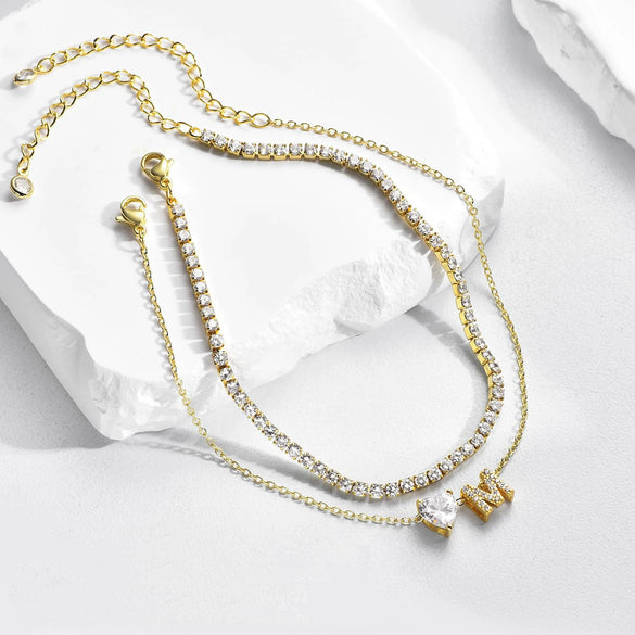 Women's Elegant Copper Layered Anklet With Heart Shaped Zircon Inlay Letter Bead Pendant Adjustable Ankle Chain