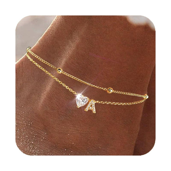 Women's Elegant Copper Layered Anklet With Heart Shaped Zircon Inlay Letter Bead Pendant Adjustable Ankle Chain