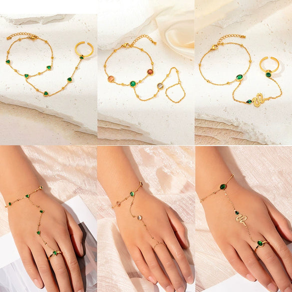 Women's Elegant Emerald Heart Zircon Titanium Steel Ring Bracelet With Animal Zodiac Pattern And Electroplating