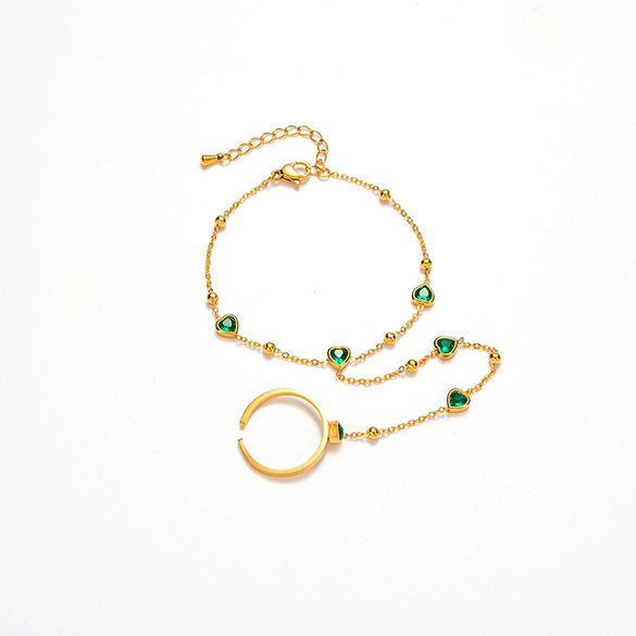 Women's Elegant Emerald Heart Zircon Titanium Steel Ring Bracelet With Animal Zodiac Pattern And Electroplating