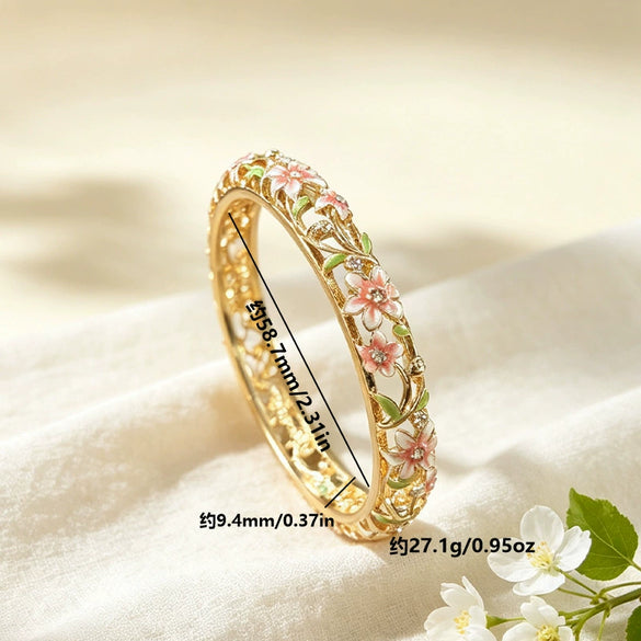 Women's Elegant Enamel Openwork Floral Bracelet With Painted Details And Sparkling Diamond Accents Plated Jewelry Accessory