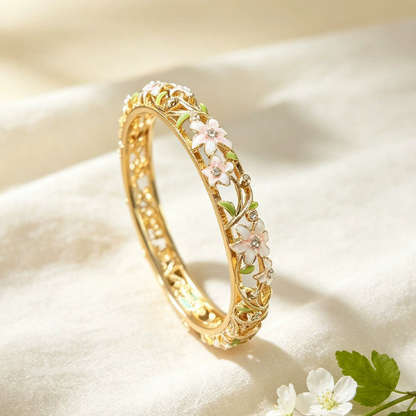 Women's Elegant Enamel Openwork Floral Bracelet With Painted Details And Sparkling Diamond Accents Plated Jewelry Accessory