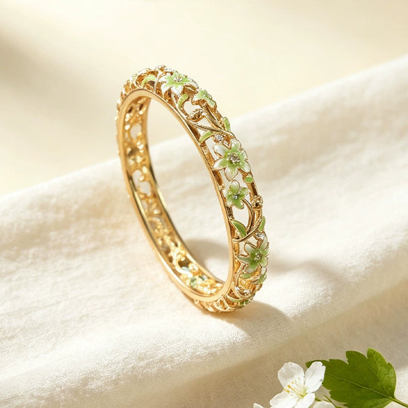 Women's Elegant Enamel Openwork Floral Bracelet With Painted Details And Sparkling Diamond Accents Plated Jewelry Accessory