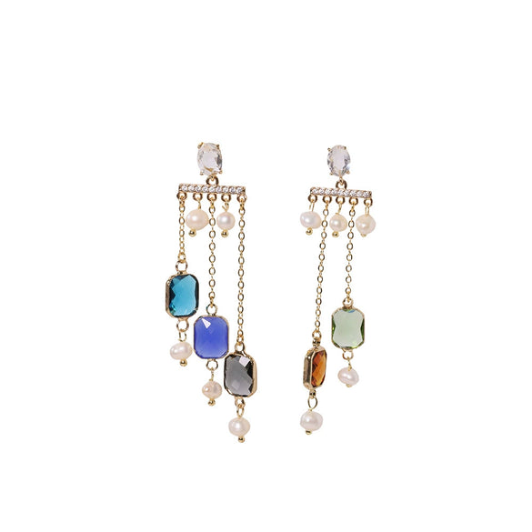 Women's Elegant Fashion Titanium Steel Zircon Flower Tassel Geometric Electroplated Earrings