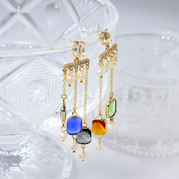 Women's Elegant Fashion Titanium Steel Zircon Flower Tassel Geometric Electroplated Earrings