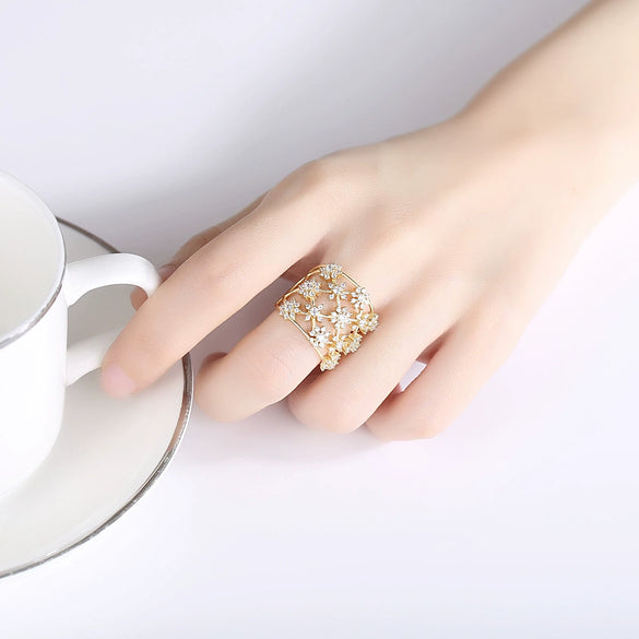 Women's Elegant Flower Open Ring Copper Electroplated Micro Pave Zircon Adjustable Fashion Ring