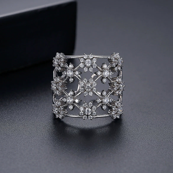 Women's Elegant Flower Open Ring Copper Electroplated Micro Pave Zircon Adjustable Fashion Ring