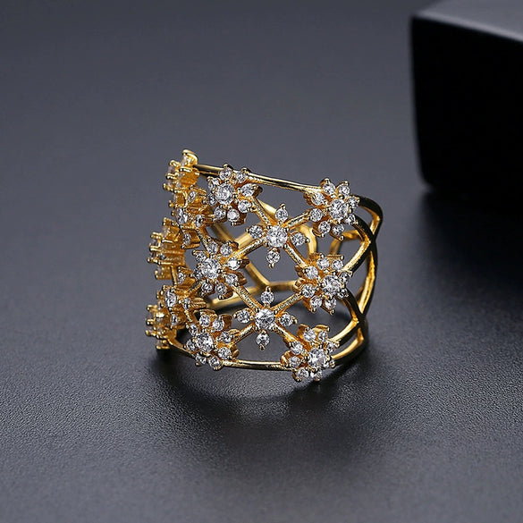 Women's Elegant Flower Open Ring Copper Electroplated Micro Pave Zircon Adjustable Fashion Ring