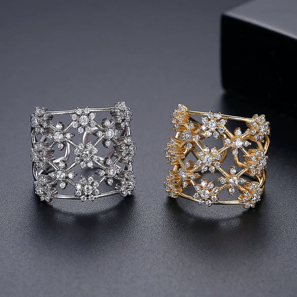 Women's Elegant Flower Open Ring Copper Electroplated Micro Pave Zircon Adjustable Fashion Ring